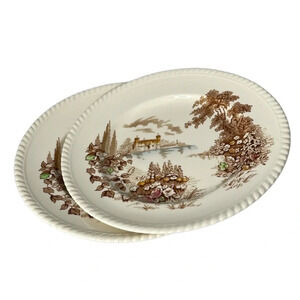 VINTAGE Castle On The Lake Johnson Bros England 2 Dinner Plates Ironstone Brown